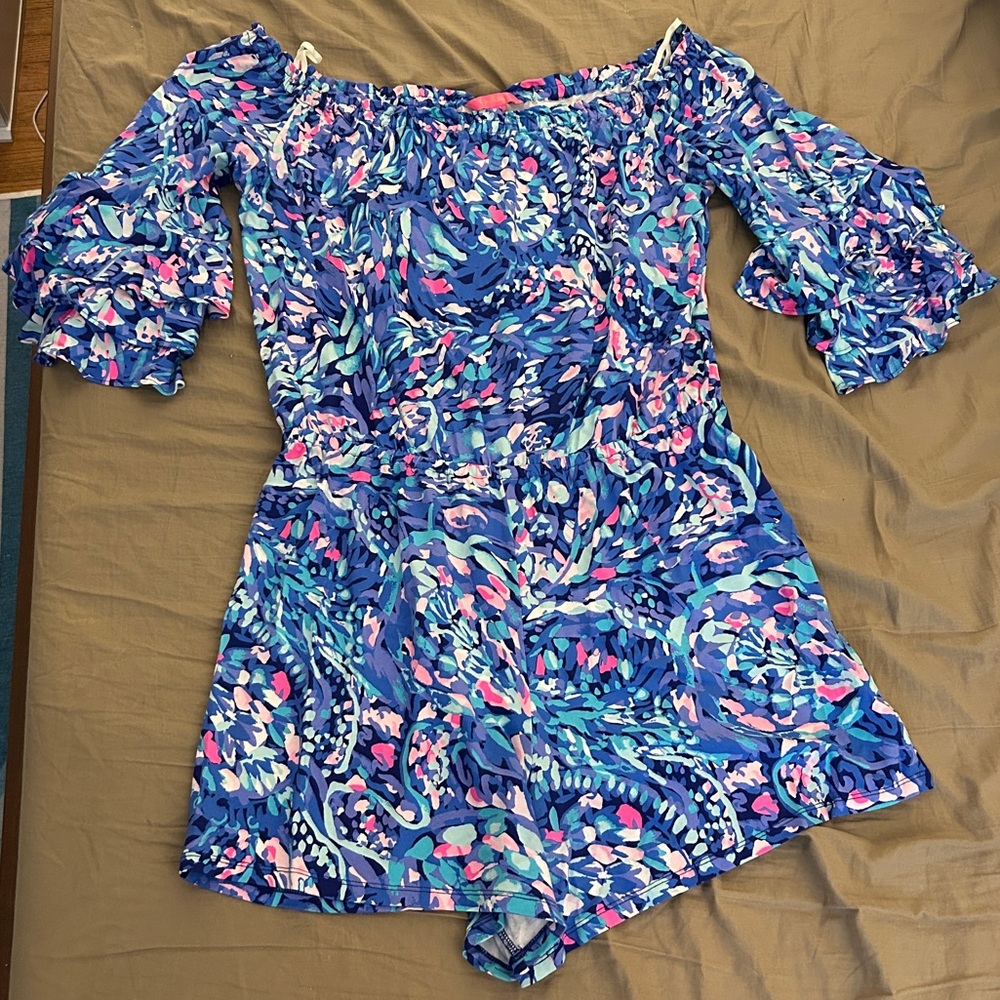 Off-Shoulder Floral Print Romper in Bright Blue Multi